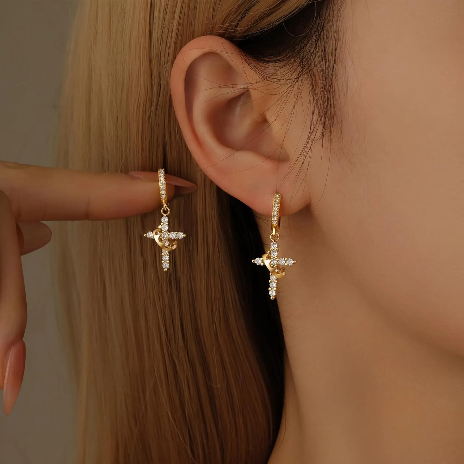 Gold Cross Dangle Earrings for Women  Small Christian Religious Hoop Earrings with Jesus & Crown Design  Elegant 18K Gold Plated Huggie Earrings for Faith Jewelry Lovers