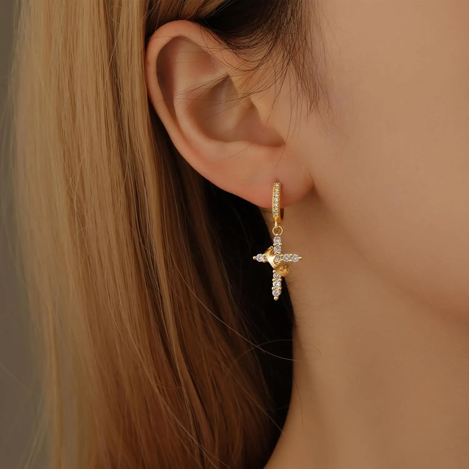 Gold Cross Dangle Earrings for Women  Small Christian Religious Hoop Earrings with Jesus & Crown Design  Elegant 18K Gold Plated Huggie Earrings for Faith Jewelry Lovers