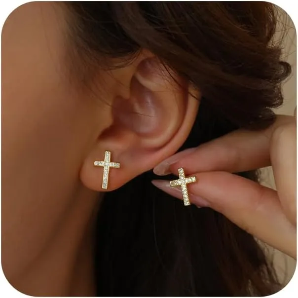 Gold Cross Dangle Earrings for Women  Small Christian Religious Hoop Earrings with Jesus & Crown Design  Elegant 18K Gold Plated Huggie Earrings for Faith Jewelry Lovers