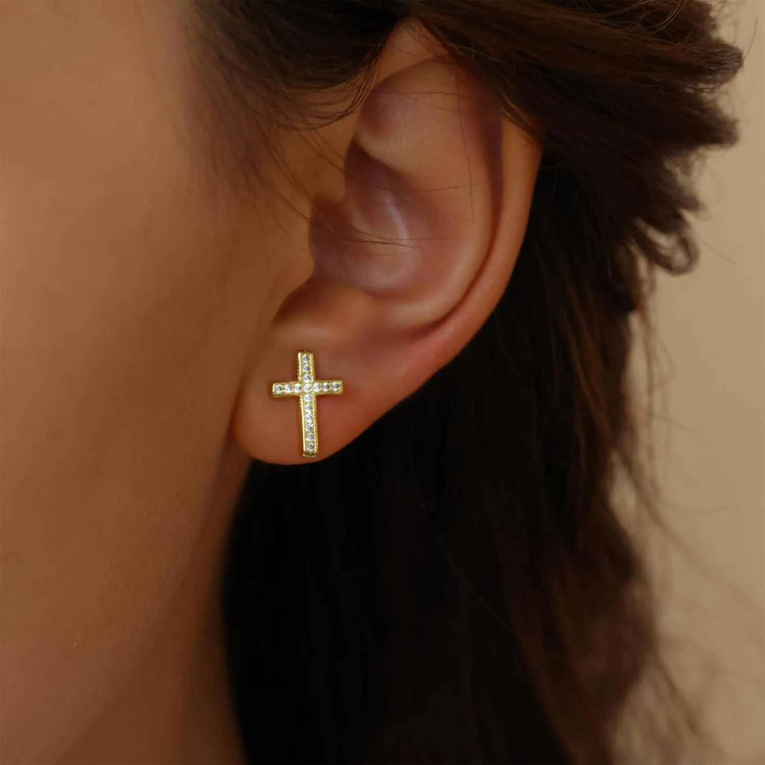Gold Cross Dangle Earrings for Women  Small Christian Religious Hoop Earrings with Jesus & Crown Design  Elegant 18K Gold Plated Huggie Earrings for Faith Jewelry Lovers