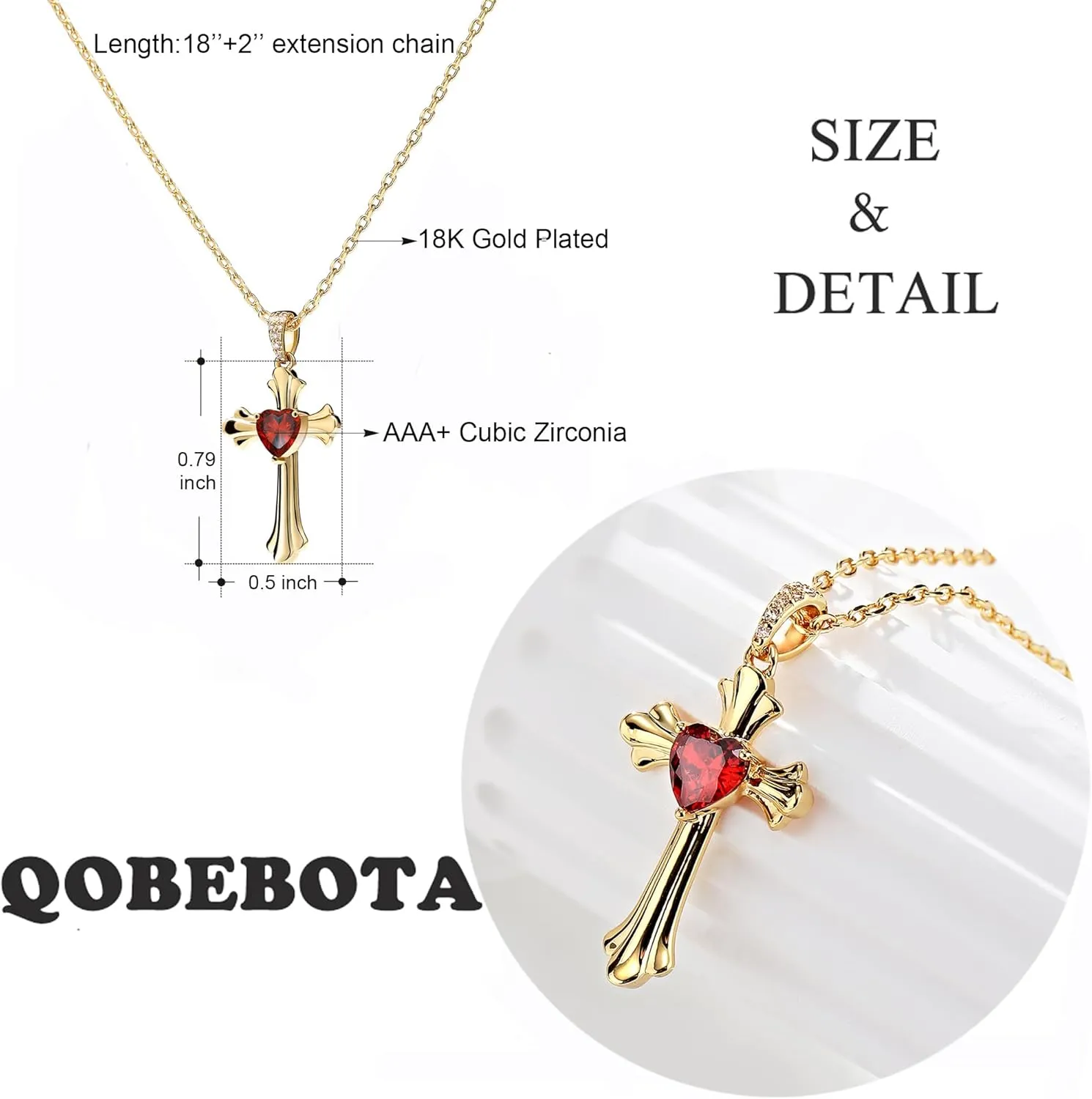 Gold Cross Necklace for Women - Dainty 18 Inch Chain with 2 Inch Extender, Heart-Shaped Zirconia Pendant, Delicate Christian Jewelry Gift for Her