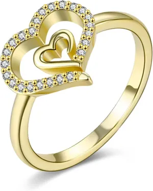 Gold Double Heart Ring for Women Delicate 14K Gold Plated Heart to Heart Wedding Jewelry Promise Love Ring for Her Gift