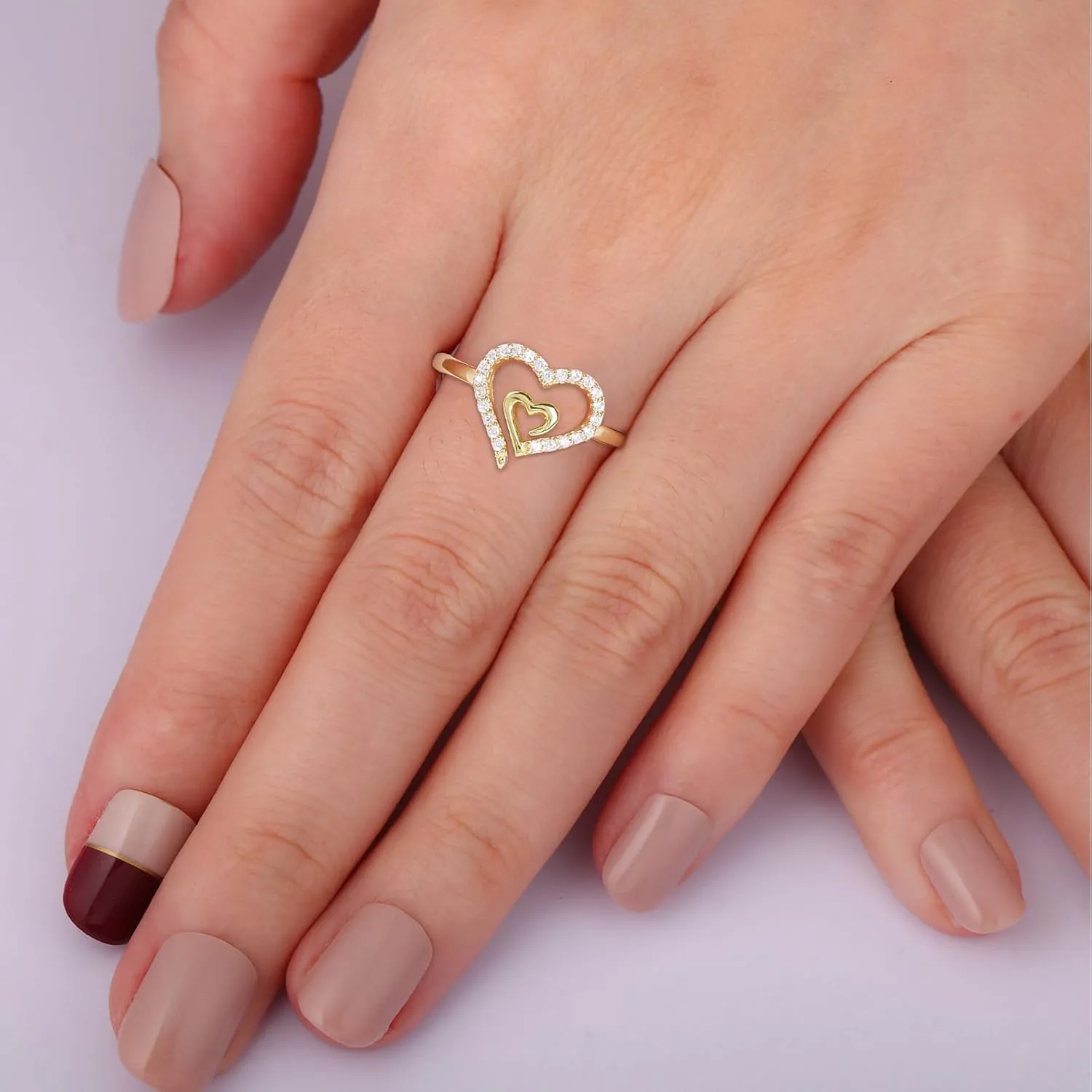 Gold Double Heart Ring for Women Delicate 14K Gold Plated Heart to Heart Wedding Jewelry Promise Love Ring for Her Gift