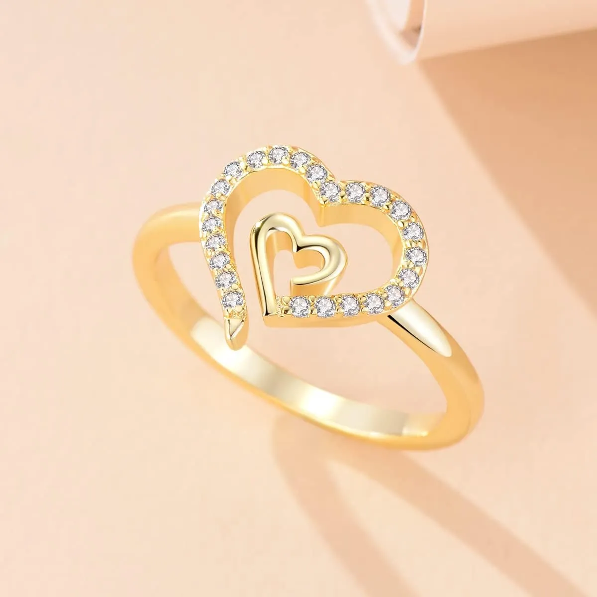 Gold Double Heart Ring for Women Delicate 14K Gold Plated Heart to Heart Wedding Jewelry Promise Love Ring for Her Gift