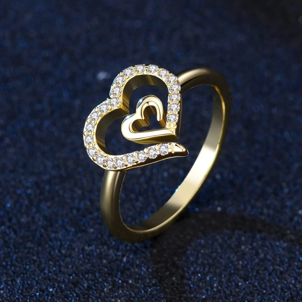 Gold Double Heart Ring for Women Delicate 14K Gold Plated Heart to Heart Wedding Jewelry Promise Love Ring for Her Gift
