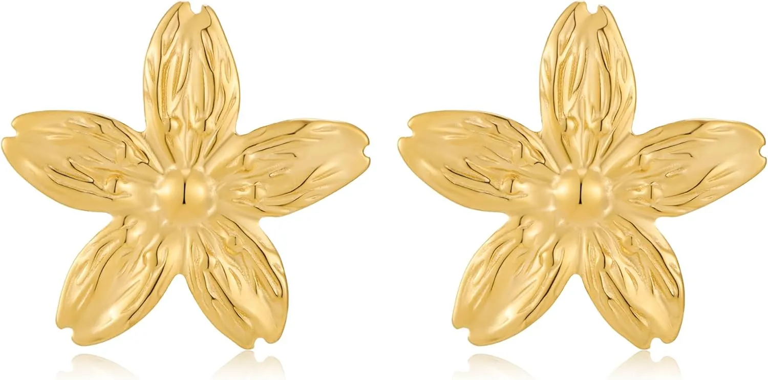Gold Flower Earrings for Women 18K Gold Plated Trendy Jewelry Chunky Studs Earrings Hypoallergenic Stainless Steel Butterfly Backs Elegant Gift Box