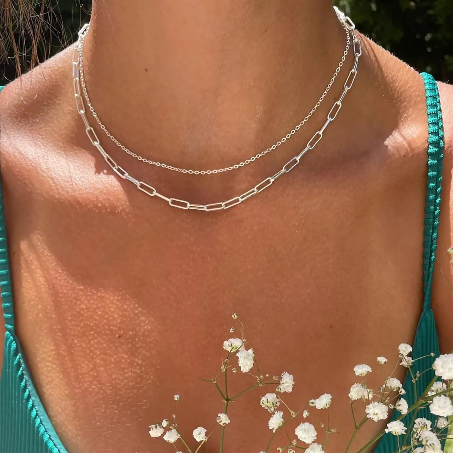 Gold Layered Necklaces for Women, 14K Gold Plated/Silver Dainty Link Chain Paperclip Twist Rope Disc Lightning Satellite Pendant Necklace Adjustable Choker Necklace Jewelry Gifts for Women
