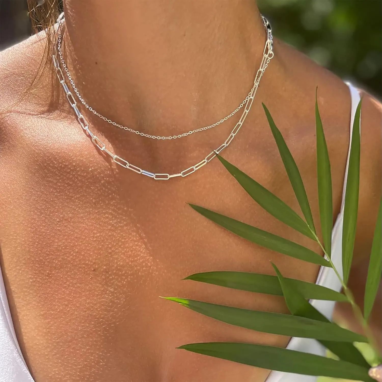 Gold Layered Necklaces for Women, 14K Gold Plated/Silver Dainty Link Chain Paperclip Twist Rope Disc Lightning Satellite Pendant Necklace Adjustable Choker Necklace Jewelry Gifts for Women