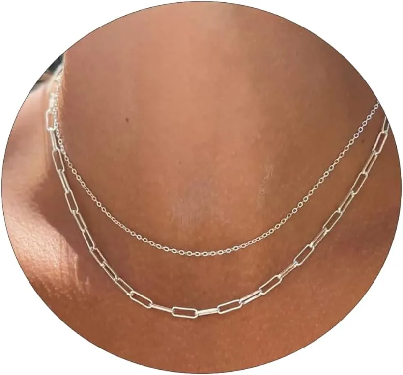Gold Layered Necklaces for Women, 14K Gold Plated/Silver Dainty Link Chain Paperclip Twist Rope Disc Lightning Satellite Pendant Necklace Adjustable Choker Necklace Jewelry Gifts for Women