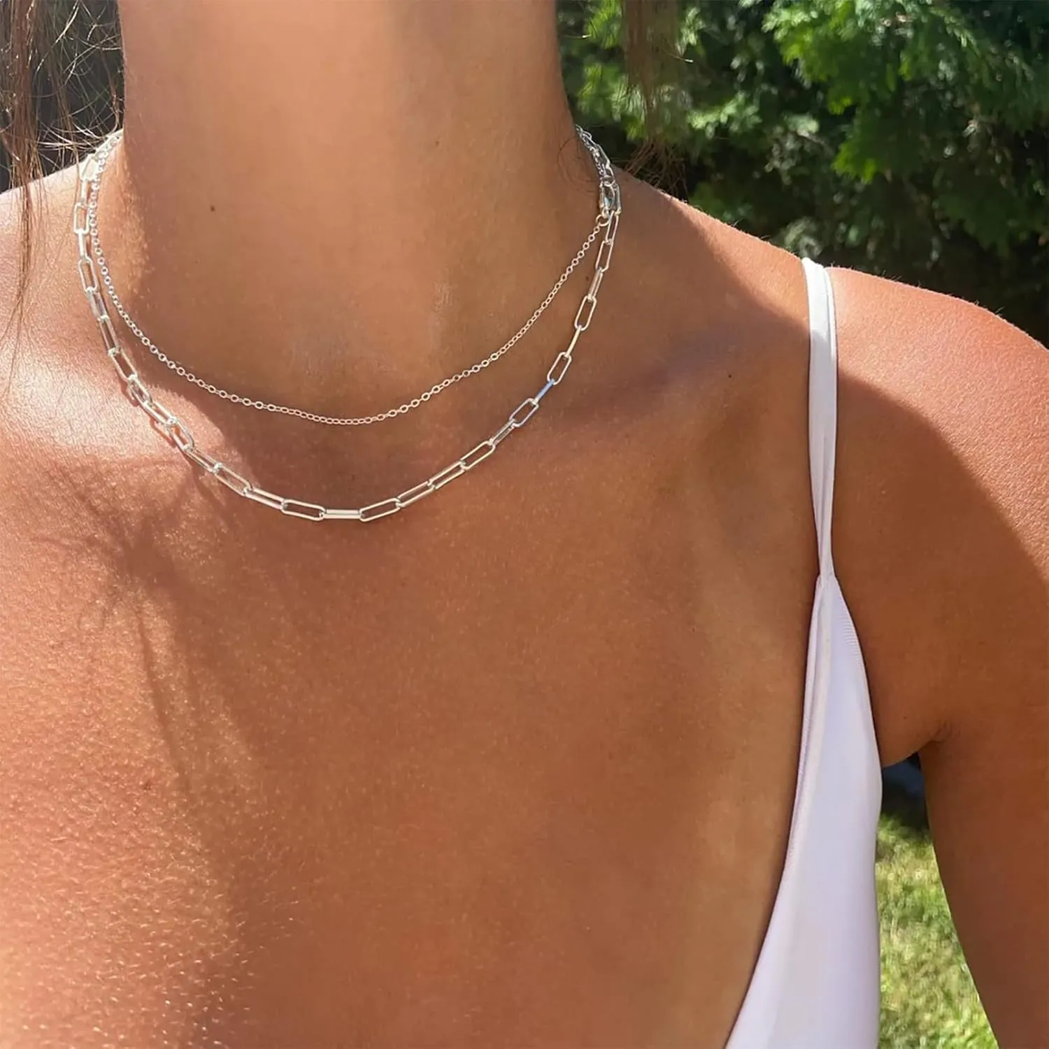 Gold Layered Necklaces for Women, 14K Gold Plated/Silver Dainty Link Chain Paperclip Twist Rope Disc Lightning Satellite Pendant Necklace Adjustable Choker Necklace Jewelry Gifts for Women