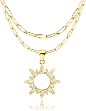 Gold Layered Necklaces for Women - Sterling Silver Fashion Stackable Pendant Necklace Set Adjustable Double Paperclip Chain Necklace Cubic Zirconia Sun Charm Necklace Gifts for Christmas Birthday