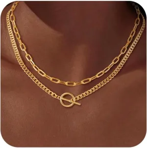 Gold Necklace for Women, 14K Dainty Gold/Silver Layered Chunky Paperclip Chain Necklace Non Tarnish Toggle Clasp Necklaces Stacks Cuban Link Chain Fashion Chunky Jewelry for Women