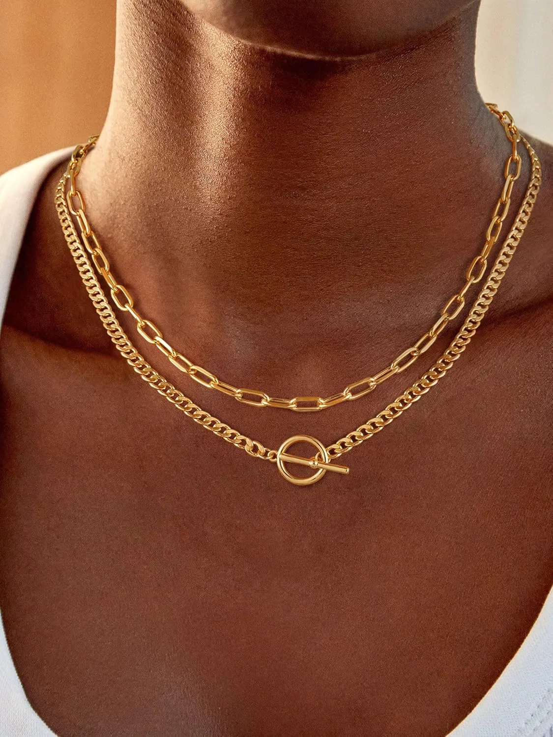 Gold Necklace for Women, 14K Dainty Gold/Silver Layered Chunky Paperclip Chain Necklace Non Tarnish Toggle Clasp Necklaces Stacks Cuban Link Chain Fashion Chunky Jewelry for Women