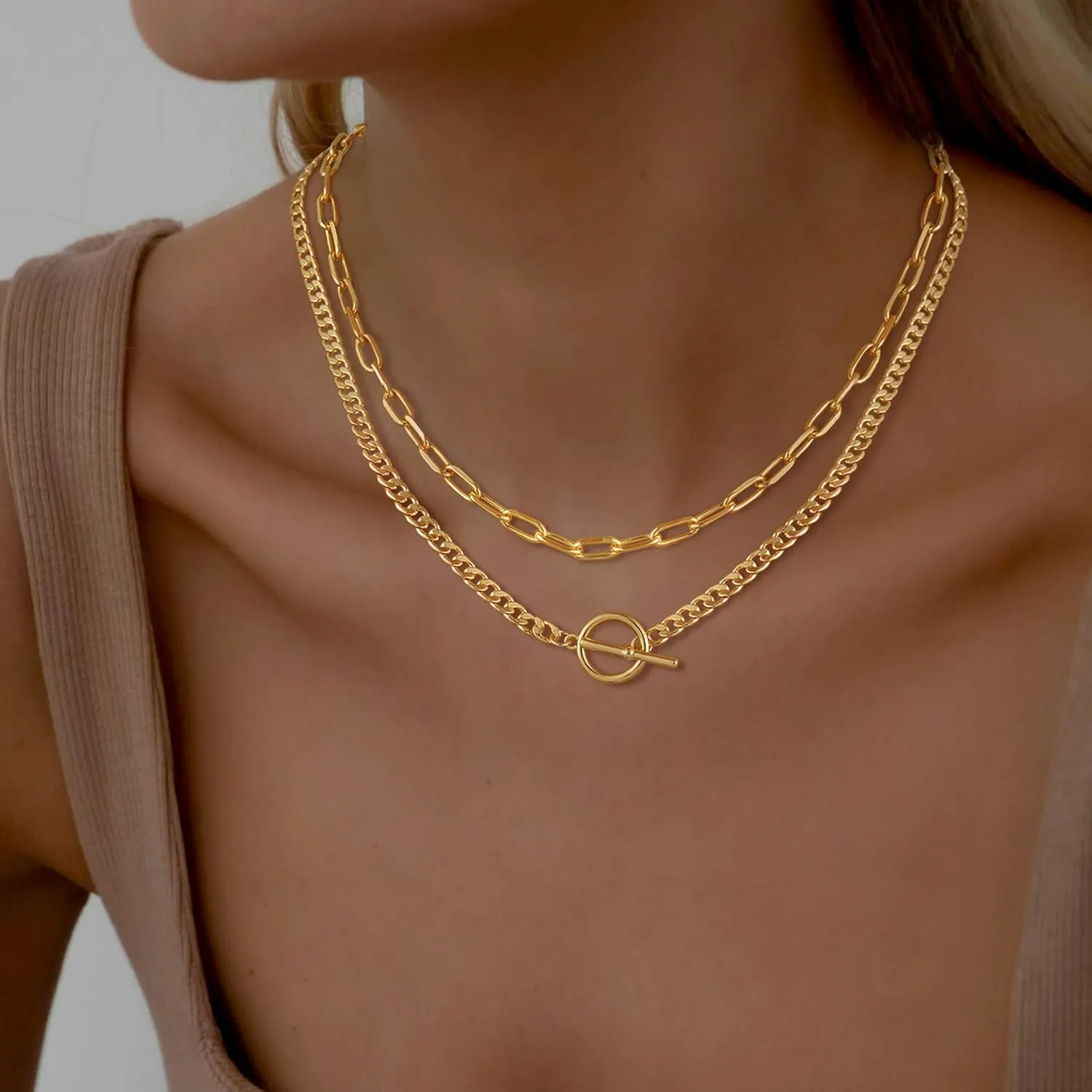 Gold Necklace for Women, 14K Dainty Gold/Silver Layered Chunky Paperclip Chain Necklace Non Tarnish Toggle Clasp Necklaces Stacks Cuban Link Chain Fashion Chunky Jewelry for Women