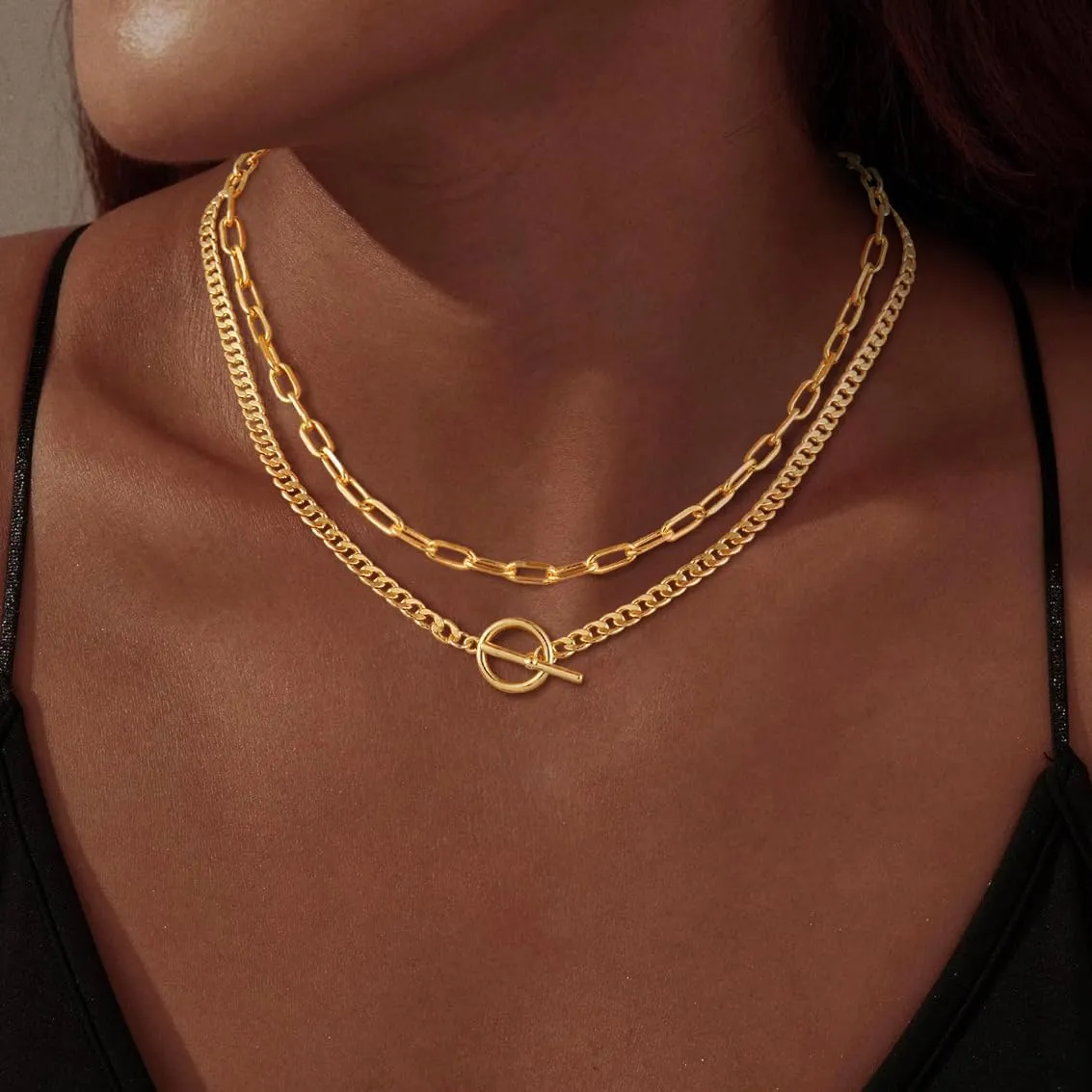 Gold Necklace for Women, 14K Dainty Gold/Silver Layered Chunky Paperclip Chain Necklace Non Tarnish Toggle Clasp Necklaces Stacks Cuban Link Chain Fashion Chunky Jewelry for Women