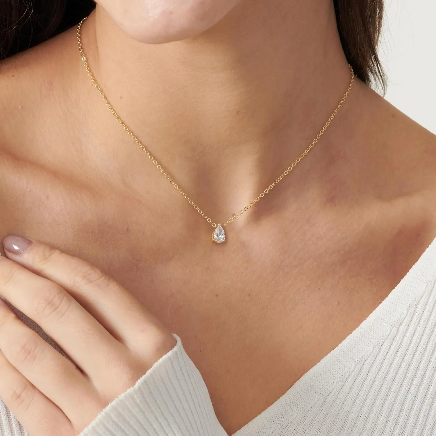 Gold Necklace for Women,14K Gold Plated Teardrop Cubic Zirconia Dainty Necklace Solitare Ttillion Heart Round Pear Cut CZ Pendent Layered Necklaces for Women 16.5 2 Inch