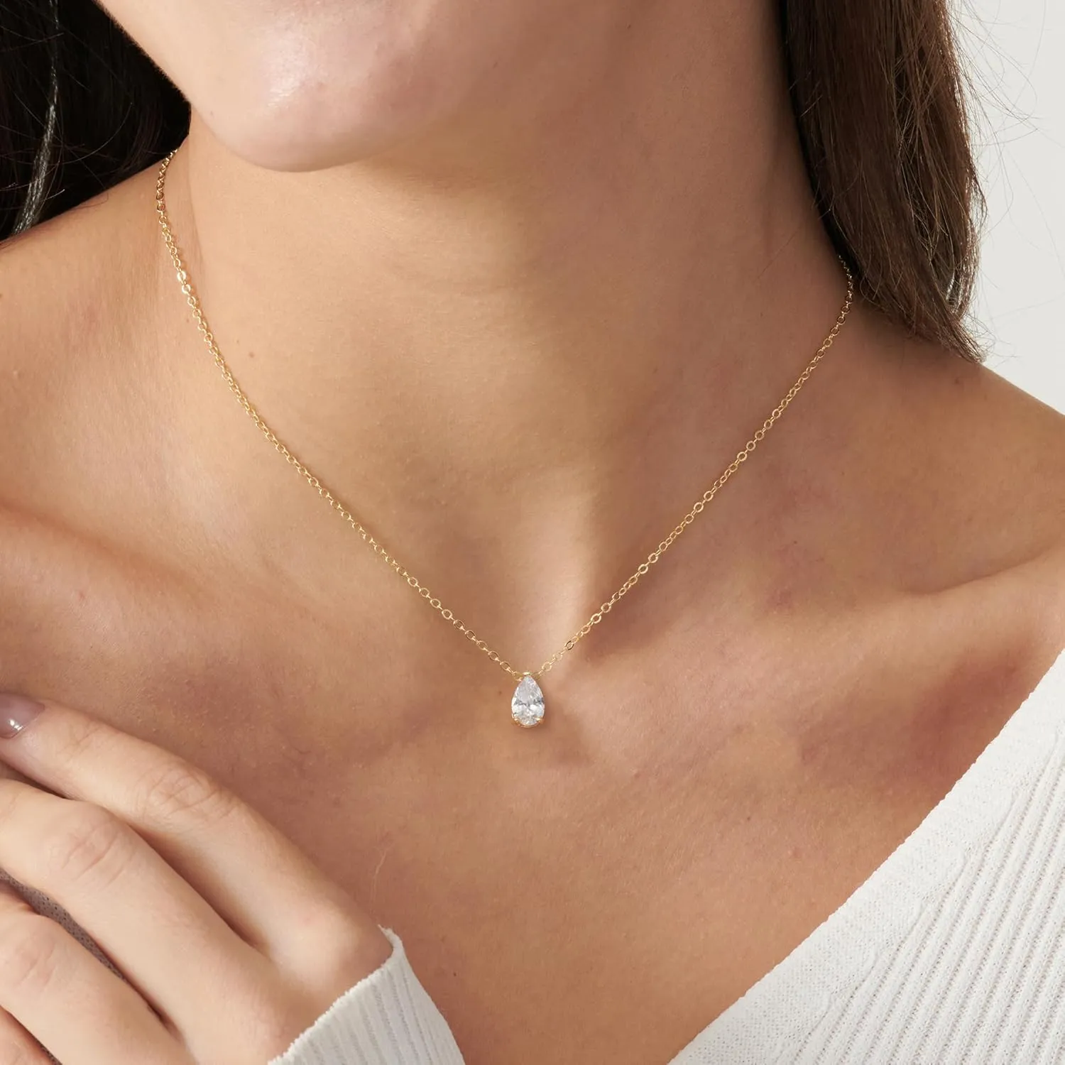 Gold Necklace for Women,14K Gold Plated Teardrop Cubic Zirconia Dainty Necklace Solitare Ttillion Heart Round Pear Cut CZ Pendent Layered Necklaces for Women 16.5 2 Inch
