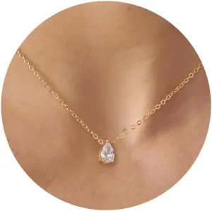 Gold Necklace for Women,14K Gold Plated Teardrop Cubic Zirconia Dainty Necklace Solitare Ttillion Heart Round Pear Cut CZ Pendent Layered Necklaces for Women 16.5 2 Inch