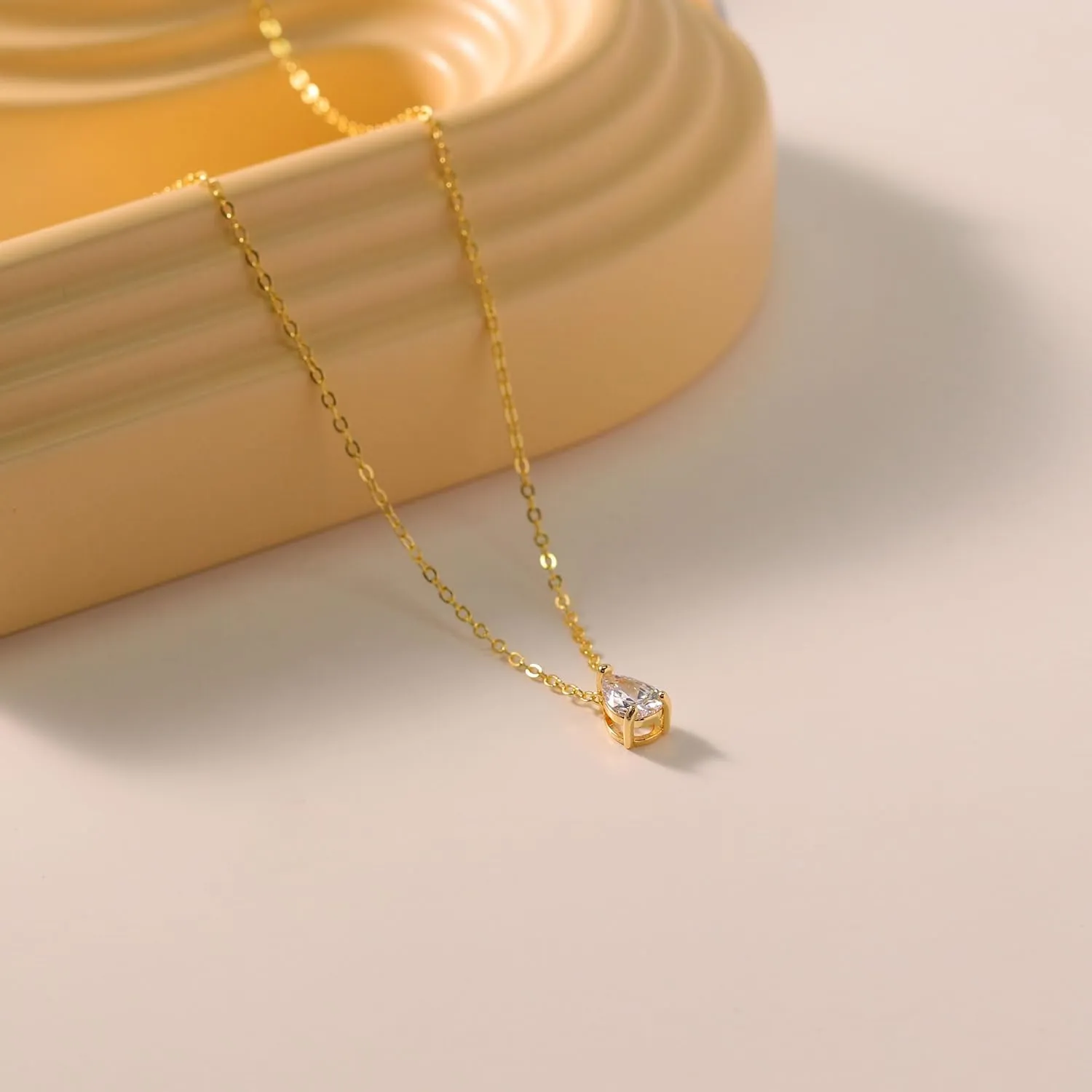 Gold Necklace for Women,14K Gold Plated Teardrop Cubic Zirconia Dainty Necklace Solitare Ttillion Heart Round Pear Cut CZ Pendent Layered Necklaces for Women 16.5 2 Inch