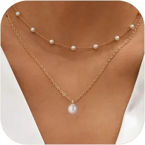 Gold Pearl Necklaces for Women 18K Gold Heart Plated Layered Necklace for Women Imitation Simple Pearl Choker Necklace Pendant Pearl Necklace Jewelry