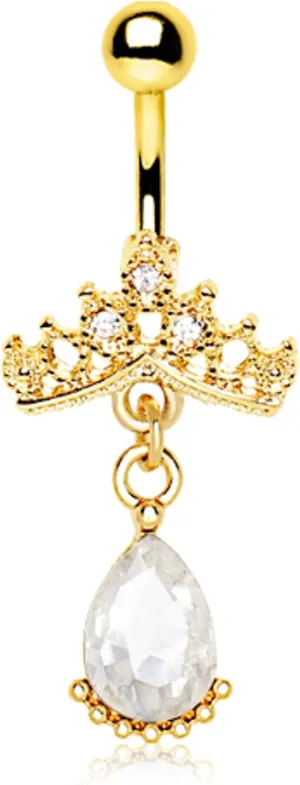 Gold Plated Crown Tear Drop Dangle Navel Ring 14GA 3/8"