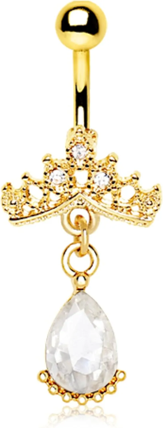 Gold Plated Crown Tear Drop Dangle Navel Ring 14GA 3/8"