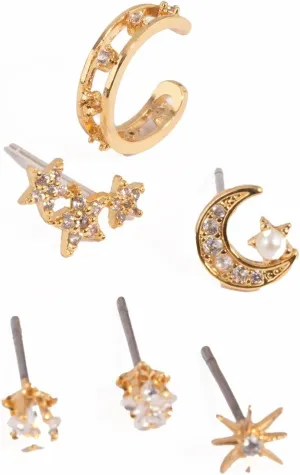 Gold Plated Cubic Zirconia Celestial Stud Earrings 6-Pack | Premium Gold Plated on Brass | Hypoallergenic | Elegant and Versatile