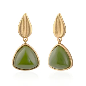 Gold Plated Natural Green Jade Earrings Elegant Triangle Birthstone Earrings with Gold Leaf Stud Earrings for Women Trendy Hypoallergenic Jade Jewelry for Gift