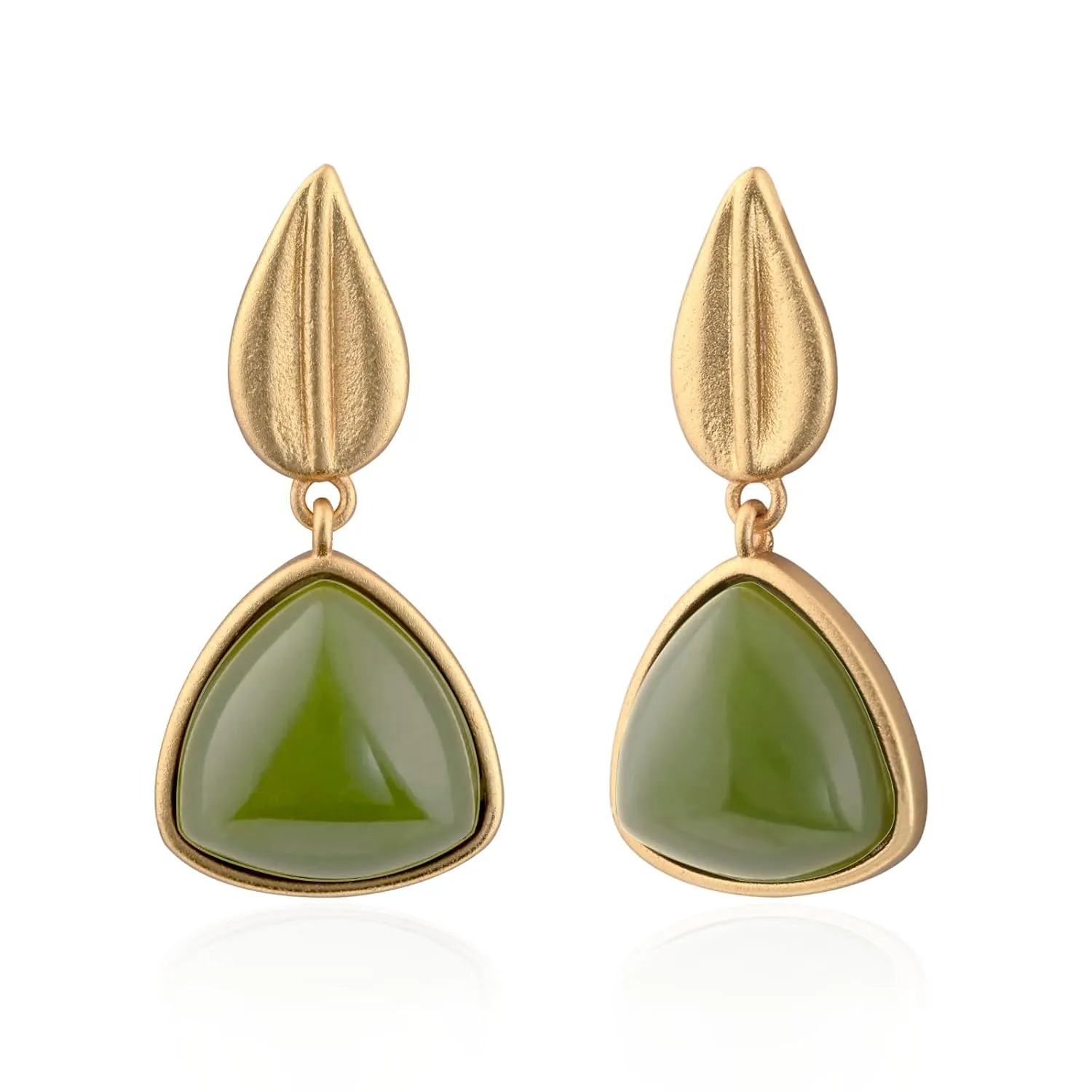 Gold Plated Natural Green Jade Earrings Elegant Triangle Birthstone Earrings with Gold Leaf Stud Earrings for Women Trendy Hypoallergenic Jade Jewelry for Gift