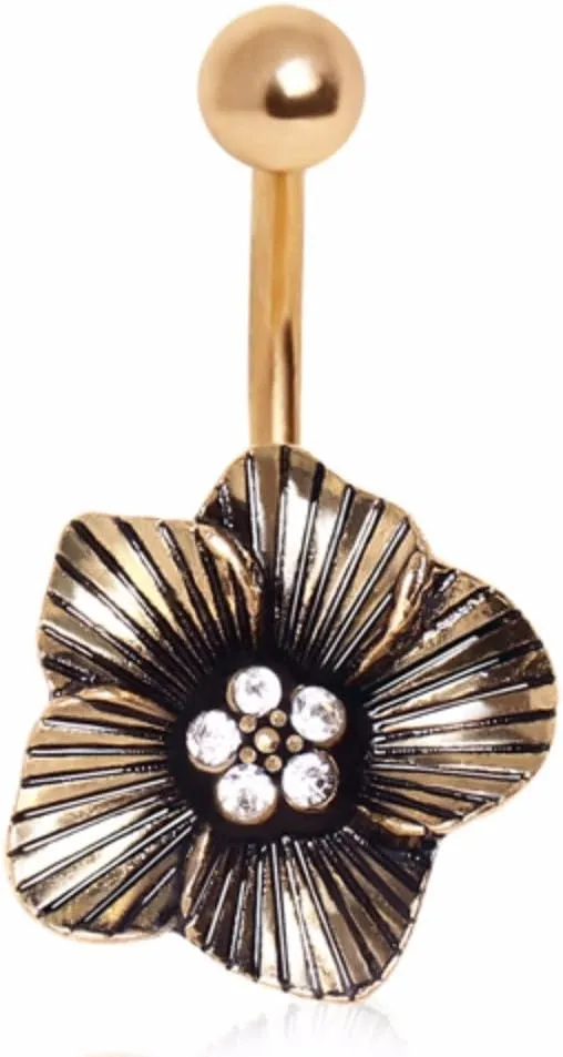 Gold Plated Striped Floral Navel Ring with CZ