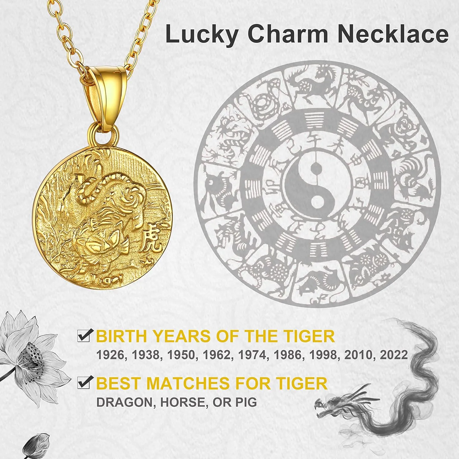 GOLDCHIC JEWELRY Chinese Zodiac Coin Necklace, Gold Round Disc Handmade Animal Pendant Amulet Lucky Charm Necklaces for Women/Girl, Birthday Gift (with Gift Box)