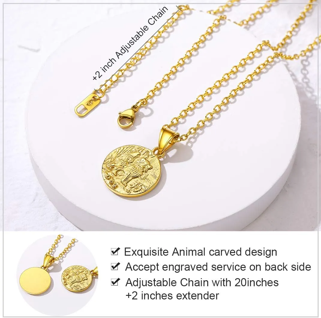 GOLDCHIC JEWELRY Chinese Zodiac Coin Necklace, Gold Round Disc Handmade Animal Pendant Amulet Lucky Charm Necklaces for Women/Girl, Birthday Gift (with Gift Box)
