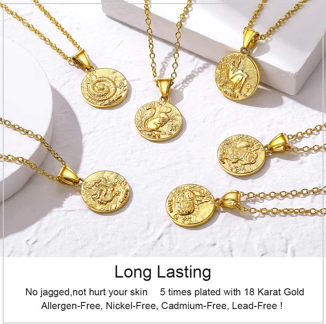 GOLDCHIC JEWELRY Chinese Zodiac Coin Necklace, Gold Round Disc Handmade Animal Pendant Amulet Lucky Charm Necklaces for Women/Girl, Birthday Gift (with Gift Box)