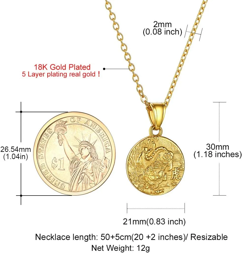 GOLDCHIC JEWELRY Chinese Zodiac Coin Necklace, Gold Round Disc Handmade Animal Pendant Amulet Lucky Charm Necklaces for Women/Girl, Birthday Gift (with Gift Box)
