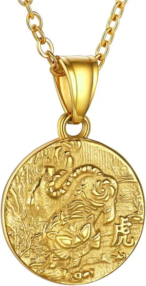 GOLDCHIC JEWELRY Chinese Zodiac Coin Necklace, Gold Round Disc Handmade Animal Pendant Amulet Lucky Charm Necklaces for Women/Girl, Birthday Gift (with Gift Box)