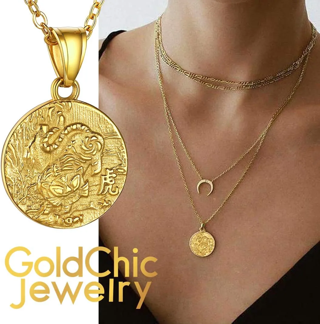 GOLDCHIC JEWELRY Chinese Zodiac Coin Necklace, Gold Round Disc Handmade Animal Pendant Amulet Lucky Charm Necklaces for Women/Girl, Birthday Gift (with Gift Box)