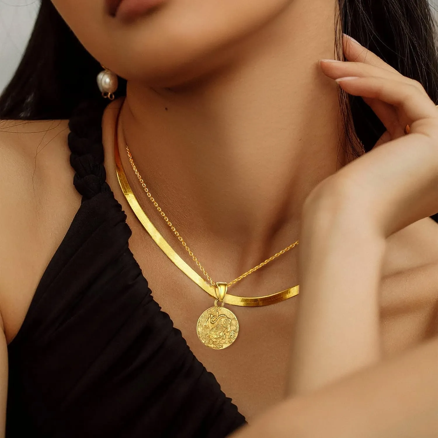 GOLDCHIC JEWELRY Chinese Zodiac Coin Necklace, Gold Round Disc Handmade Animal Pendant Amulet Lucky Charm Necklaces for Women/Girl, Birthday Gift (with Gift Box)