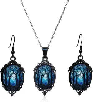 Gothic Cameo Earring Necklace Set,Vintage Witch/Tree of Life Earring Necklace Goth Crystal Glass Earring Necklace Set Punk Style Earring Necklace Set Victoria Cameo Mystic Witch Jewelry Set Accessories