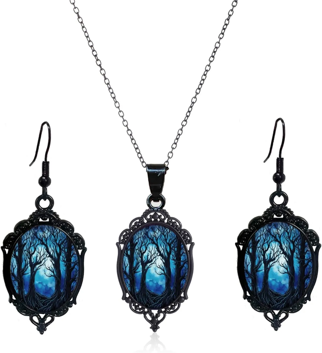 Gothic Cameo Earring Necklace Set,Vintage Witch/Tree of Life Earring Necklace Goth Crystal Glass Earring Necklace Set Punk Style Earring Necklace Set Victoria Cameo Mystic Witch Jewelry Set Accessories