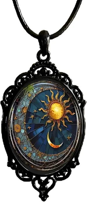 Gothic Glass Pendant Necklace for Women Sun Moon Charm Necklace Vintage Celestial Lunar Solar Cameo Necklaces Gothic Rope Chain Mystic Witch Jewelry Accessories