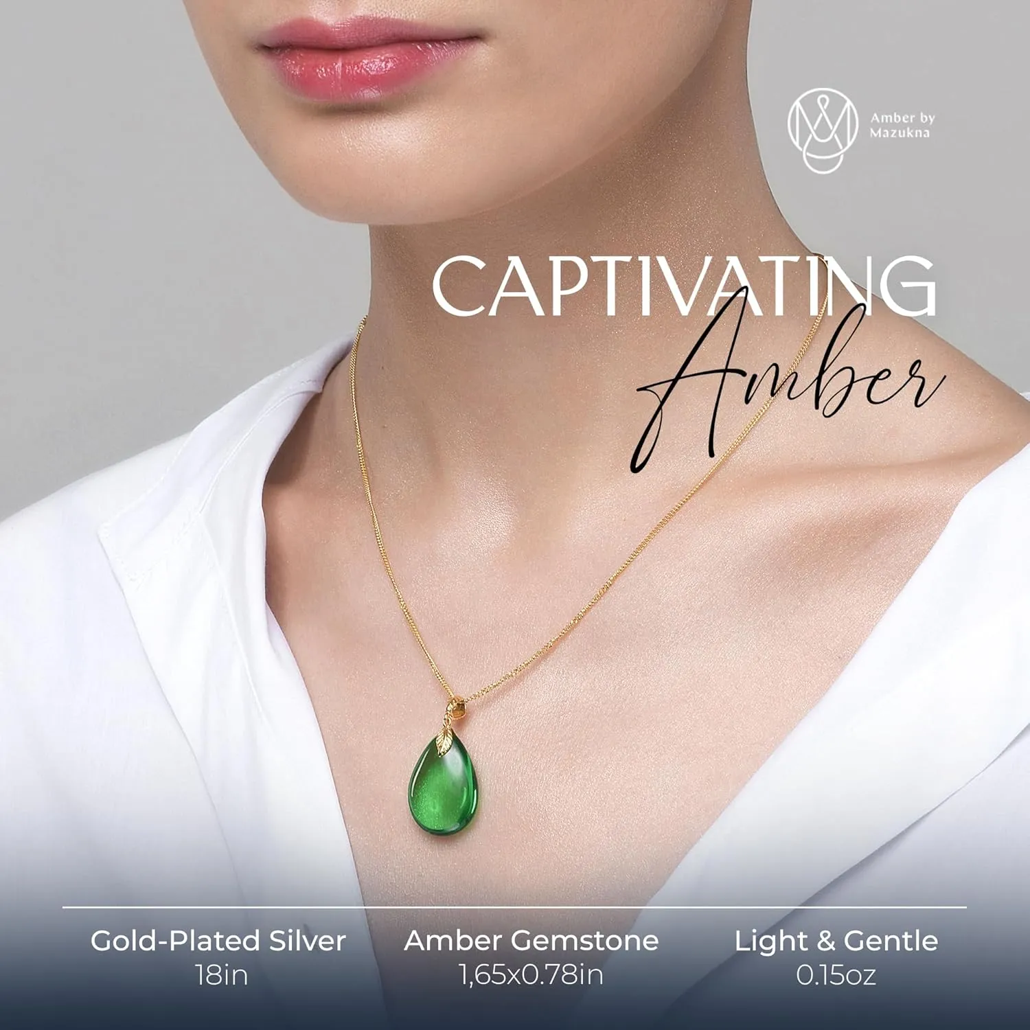 Green Amber Pendant Necklace for Women, Gold Plated Sterling Silver 925 Chain, Polished Gemstone Pendant, Dainty Womens Jewelry, 18 inch gold plated chain
