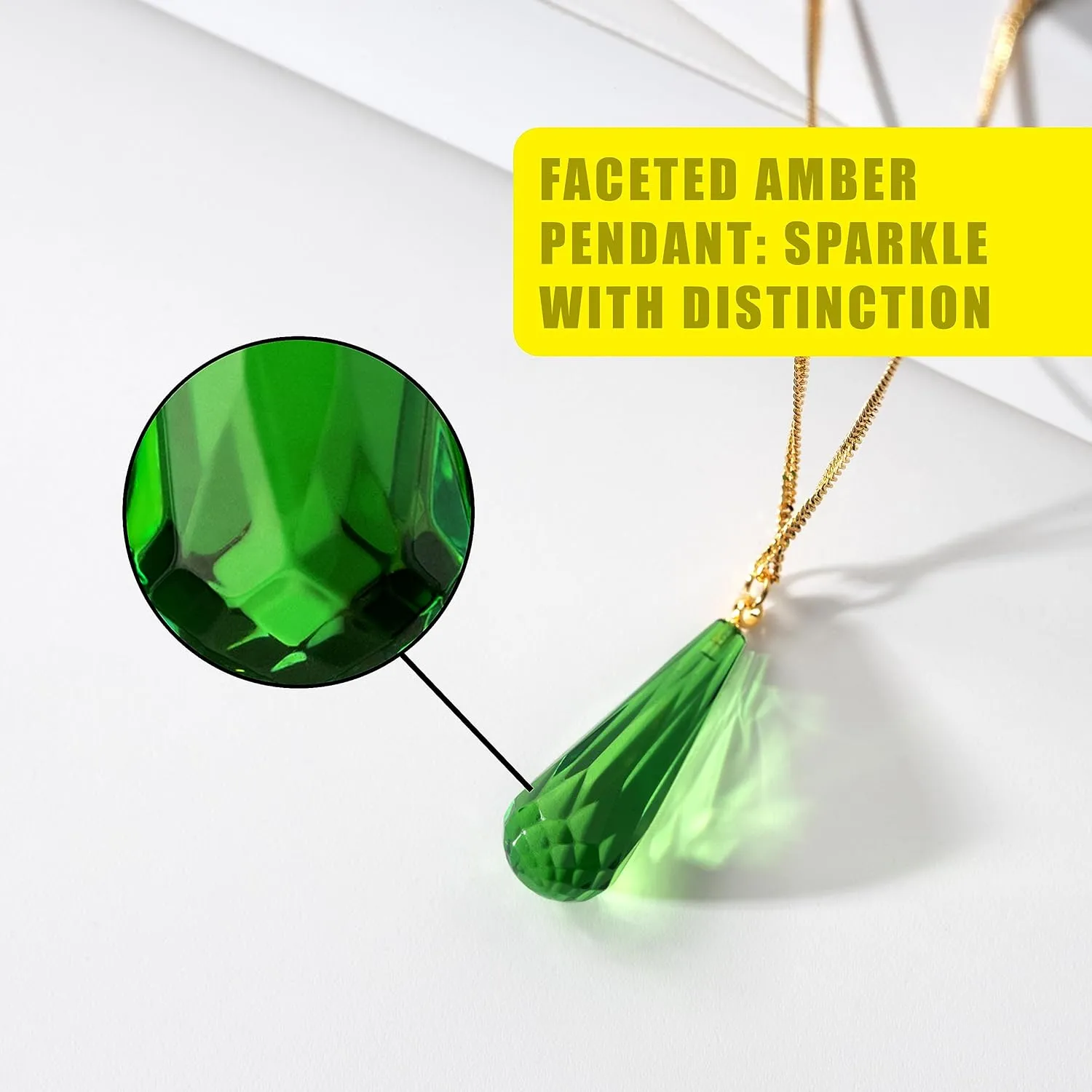 Green Amber Pendant Necklace for Women, Gold Plated Sterling Silver 925 Chain, Polished Gemstone Pendant, Dainty Womens Jewelry, 18 inch gold plated chain