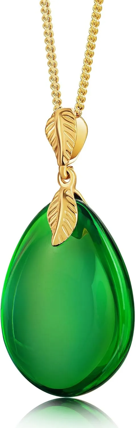 Green Amber Pendant Necklace for Women, Gold Plated Sterling Silver 925 Chain, Polished Gemstone Pendant, Dainty Womens Jewelry, 18 inch gold plated chain