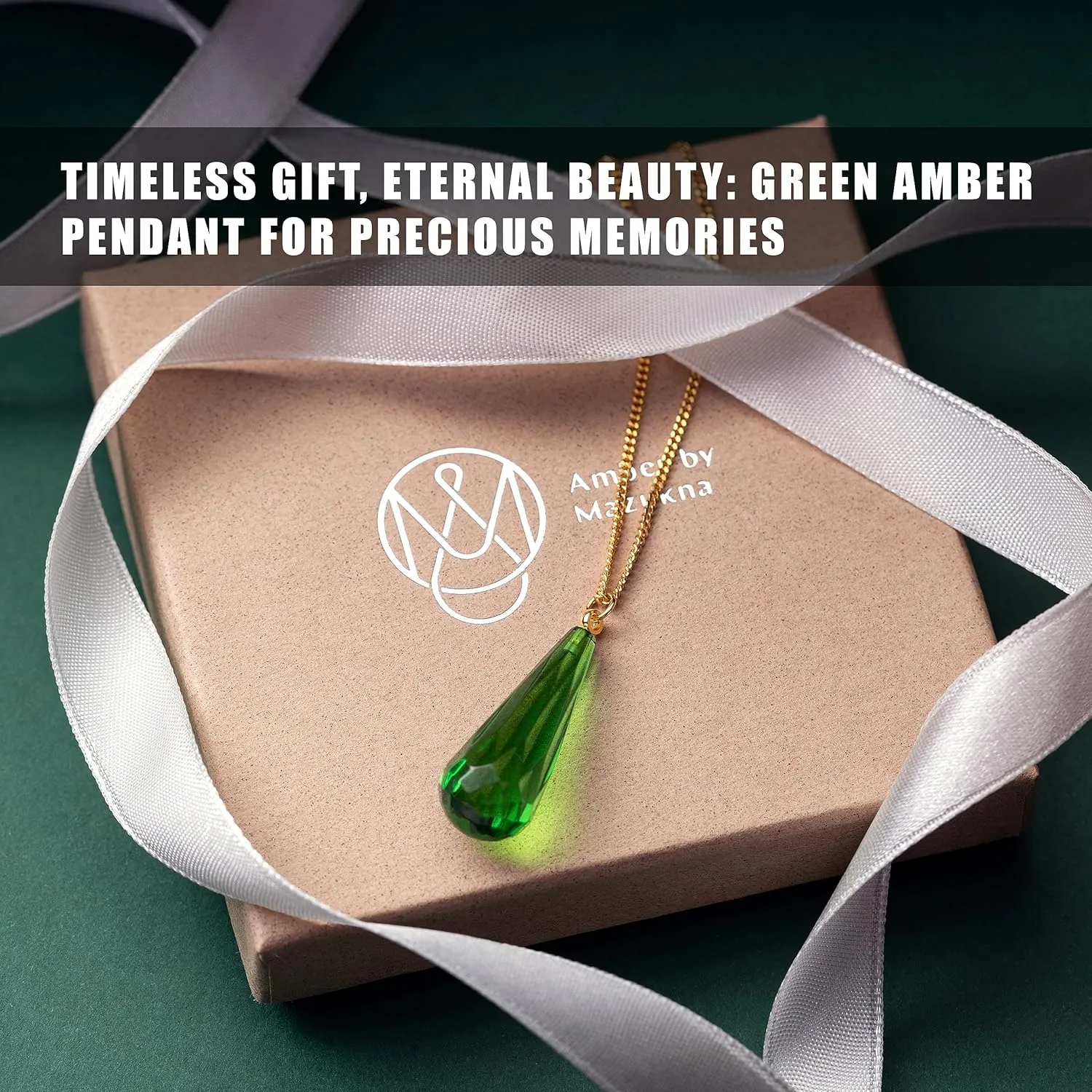 Green Amber Pendant Necklace for Women, Gold Plated Sterling Silver 925 Chain, Polished Gemstone Pendant, Dainty Womens Jewelry, 18 inch gold plated chain