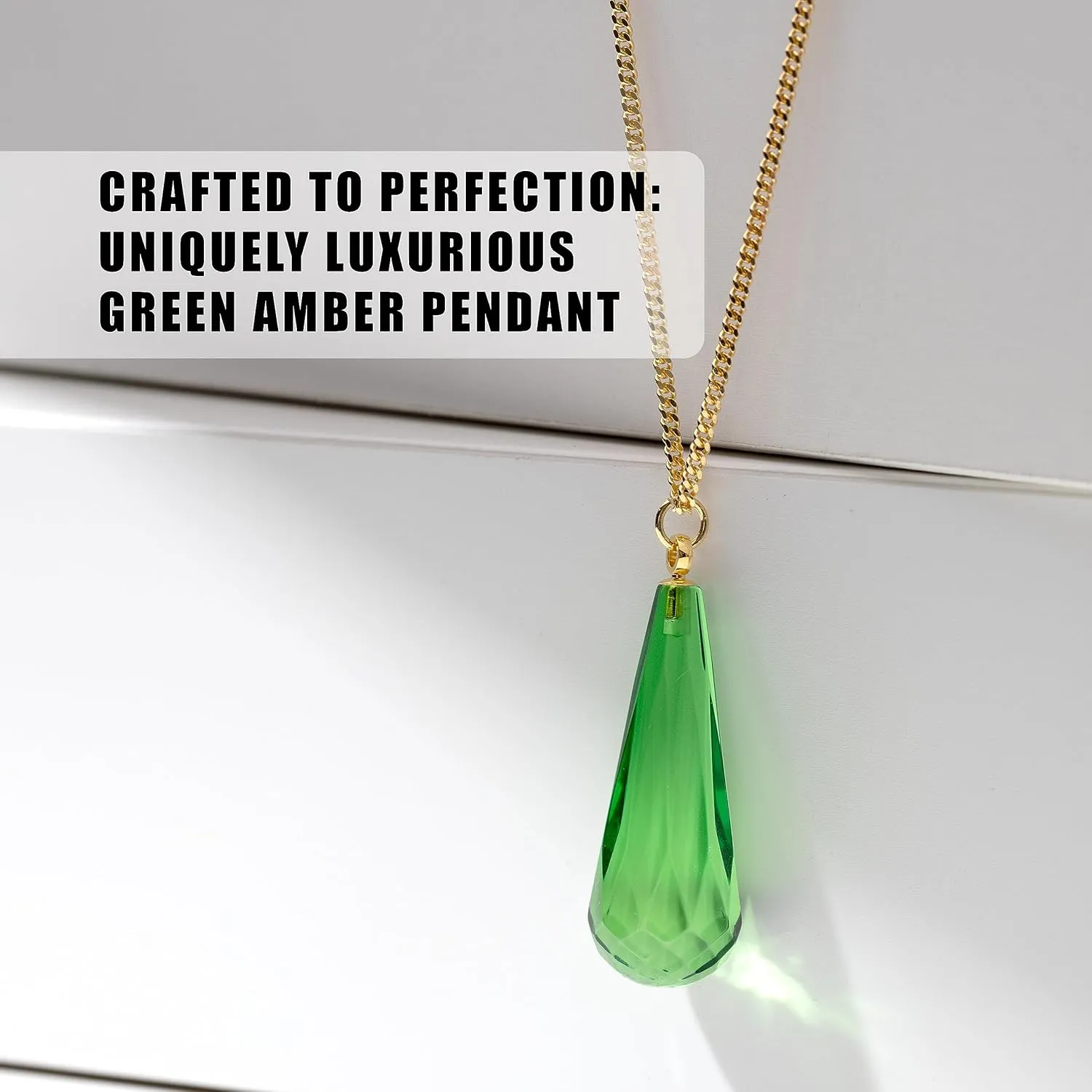 Green Amber Pendant Necklace for Women, Gold Plated Sterling Silver 925 Chain, Polished Gemstone Pendant, Dainty Womens Jewelry, 18 inch gold plated chain