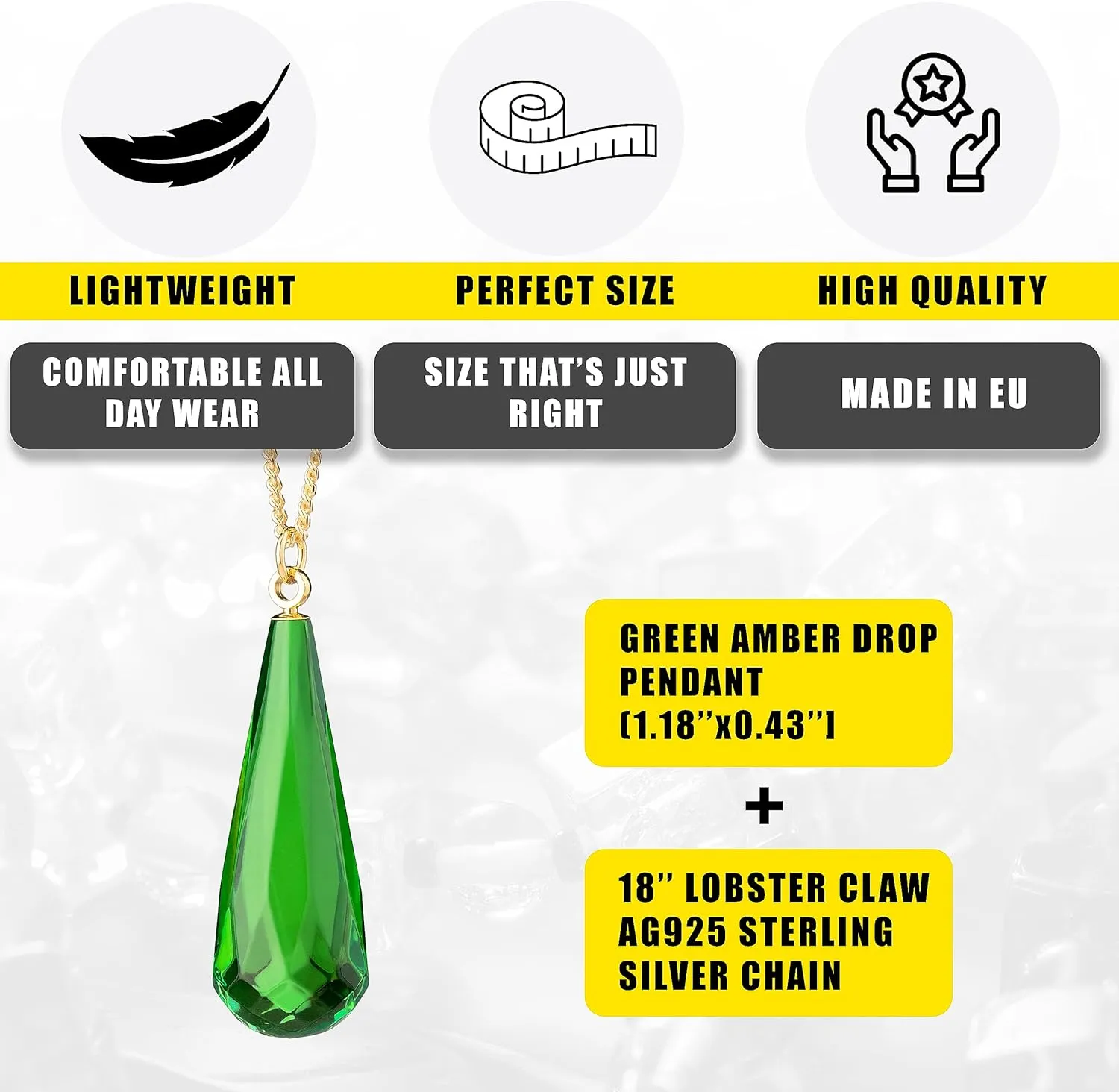 Green Amber Pendant Necklace for Women, Gold Plated Sterling Silver 925 Chain, Polished Gemstone Pendant, Dainty Womens Jewelry, 18 inch gold plated chain