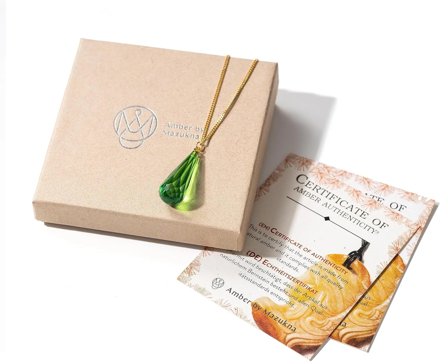 Green Amber Pendant Necklace for Women, Gold Plated Sterling Silver 925 Chain, Polished Gemstone Pendant, Dainty Womens Jewelry, 18 inch gold plated chain