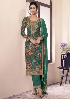 Green Digital Printed Chinnon Pakistani Style Suit