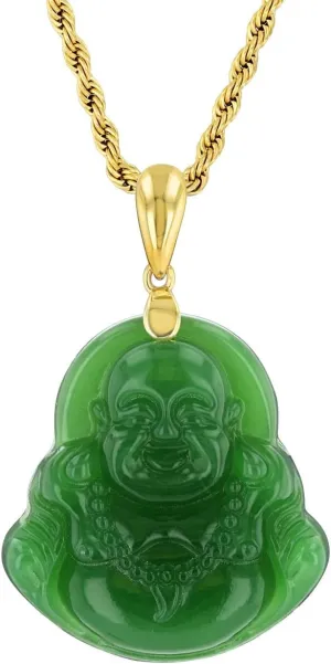 Green Jade Mens Womens Luck Happy Green Jade Buddha Pendant Laughing Buddha Statue Silver Chain Necklace Pendant