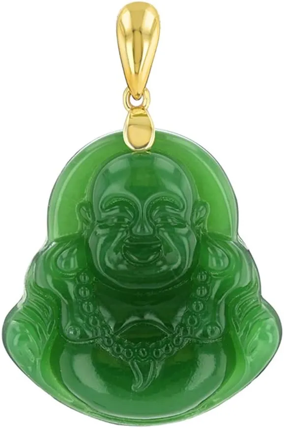 Green Jade Mens Womens Luck Happy Green Jade Buddha Pendant Laughing Buddha Statue Silver Chain Necklace Pendant